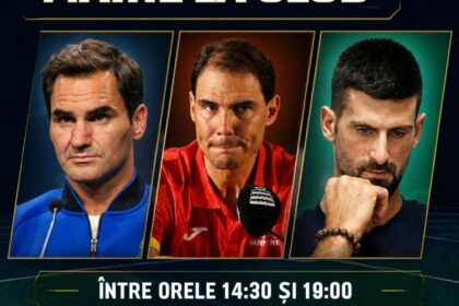 Poster promotional image with the Romanian headline 'Vă aștept mâine la club' and three athlete portraits below.