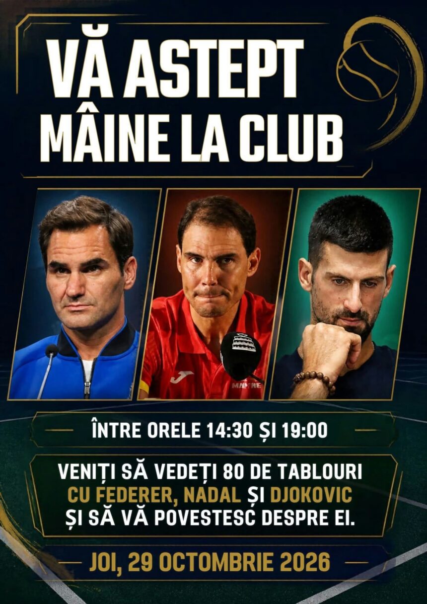 Poster promotional image with the Romanian headline 'Vă aștept mâine la club' and three athlete portraits below.