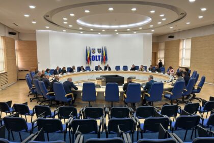 Large conference room with a circular wooden table and many attendees seated in blue chairs, participating in a formal meeting; flags and a crest are displayed at the far wall behind the speakers.