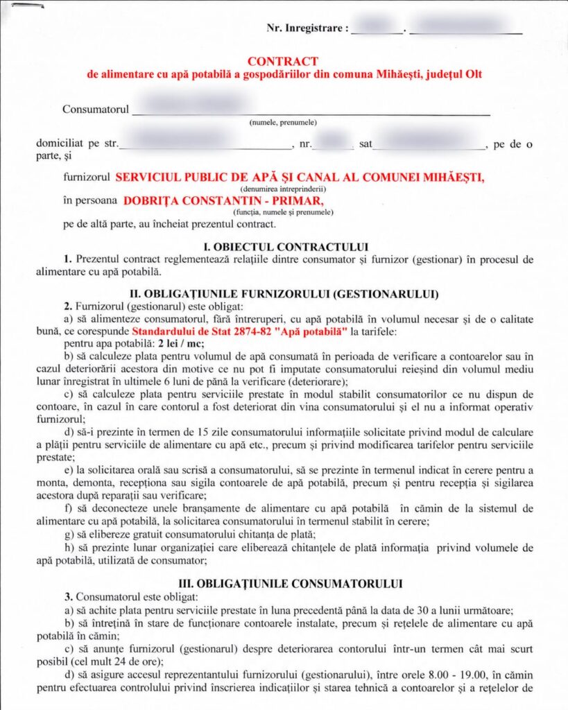 contract mihaesti WhatsApp Image 2026-10-05 at 121938 - Jurnalul Olteniei – Știri din Craiova și Oltenia Contract for potable water supply in Mihăești commune; red title and blank fields for consumer and supplier details.