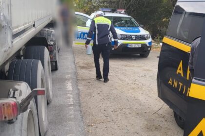 Romanian police officer inspecting a stopped truck on a gravel road with a police car in the background.