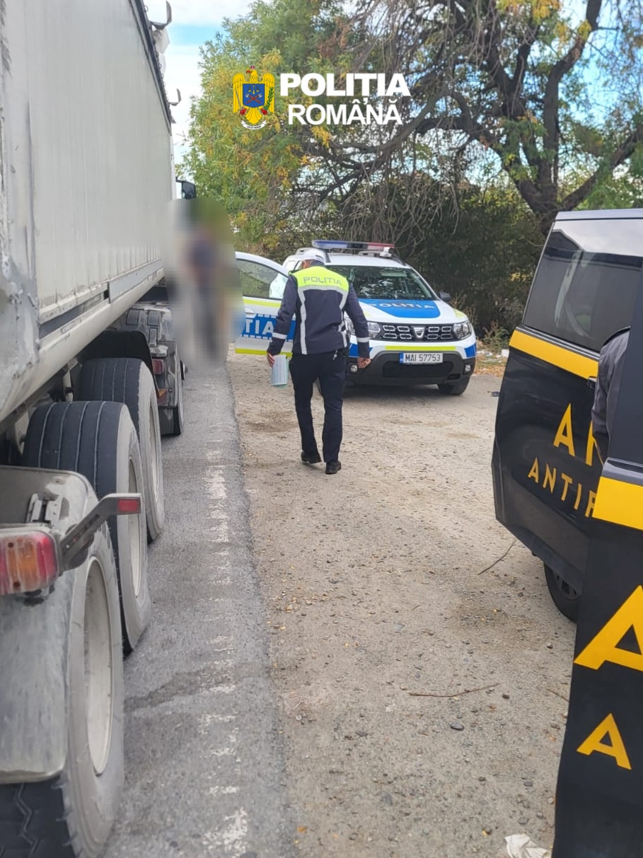 Romanian police officer inspecting a stopped truck on a gravel road with a police car in the background.