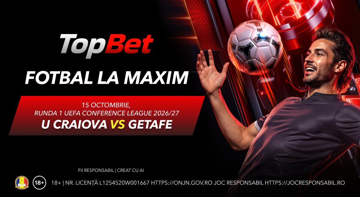 TopBet banner: Fotbal la Maxim promo for U Craiova vs Getafe on Oct 15 (UEFA Conference League).
