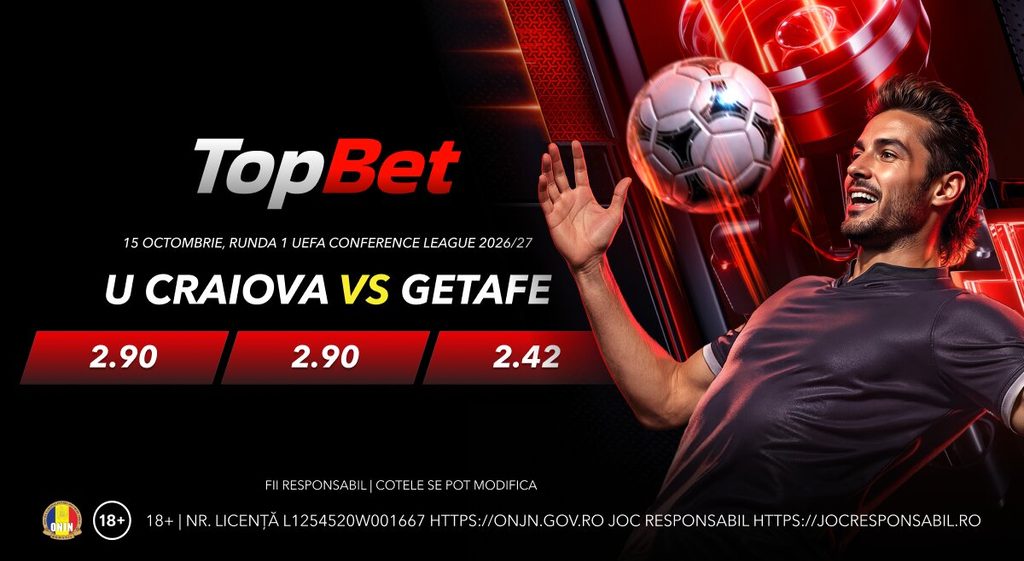 TopBet betting banner with a smiling soccer player, U Craiova vs Getafe and odds 2.90, 2.90, 2.42.