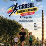 Poster for Crosul Loteriei Române, Edition XXVI, in Târgu Jiu, with runners, logos, date 24 octombrie 2026, and starting point at Stadionul Municipal Constantina Diţă-Tomescu.