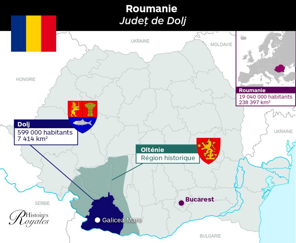 Map of Romania highlighting regions with coats of arms (Dolj and Oltenie) and demographic boxes showing Dolj: 599,000 inhabitants, 7,414 km²; Romania: 19,040,000 inhabitants, 238,397 km²; flag in top-left and inset Europe map on the right.