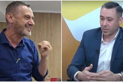 Split image showing two men in a discussion: left, a smiling man in a blue shirt gesturing with his hands; right, a man in a navy suit and white shirt seated at a desk.