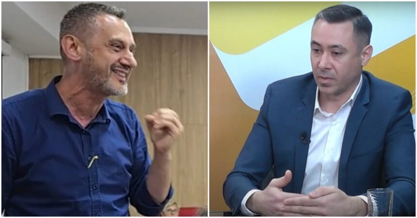 Split image showing two men in a discussion: left, a smiling man in a blue shirt gesturing with his hands; right, a man in a navy suit and white shirt seated at a desk.