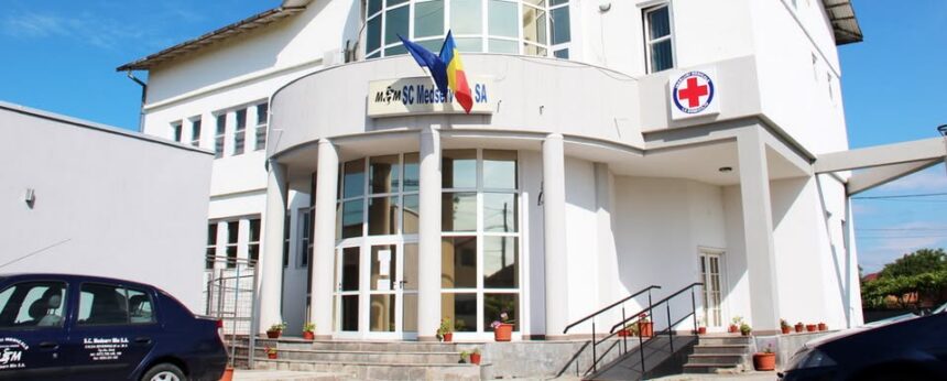 White medical clinic building with glass doors, columns, Romanian flag, and Red Cross sign; steps with potted plants under a blue sky