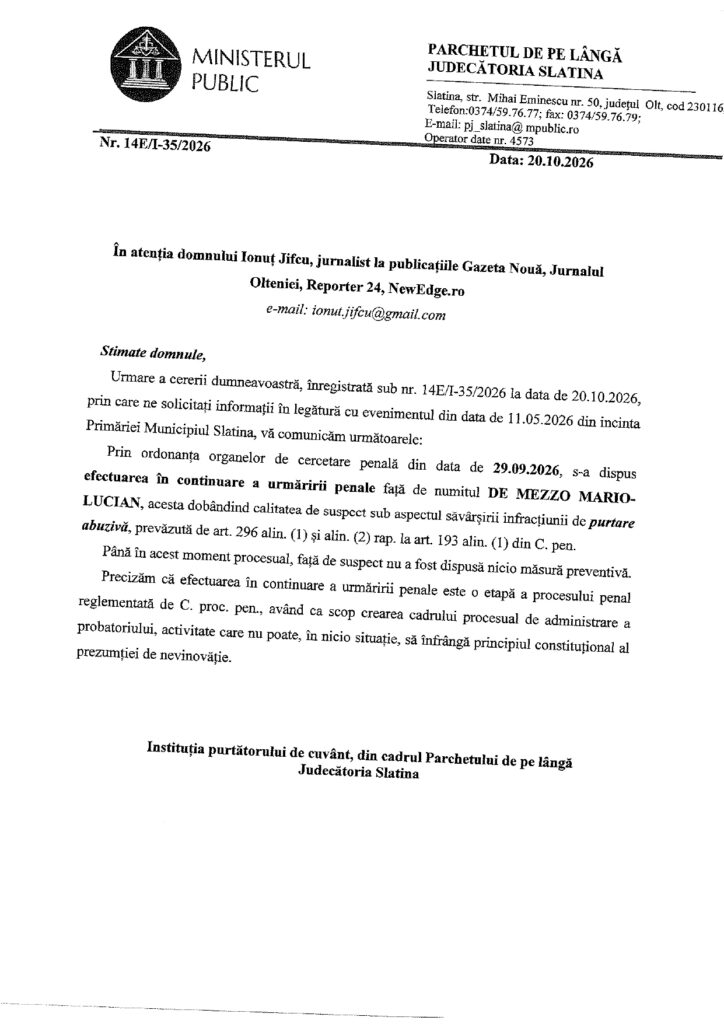 Official government letterhead from Ministerul Public and Parchetul de pe lângă Judecătoria Slatina, dated 20.10.2026 with contact details and case number Nr. 14E/I-35/2026