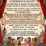 Colorful poster announcing free weekly children’s theater workshops at Sala Studio ‘Elvira Godeanu’, with contact email and phone details. The scene shows a stage with red curtains and kids dancing.