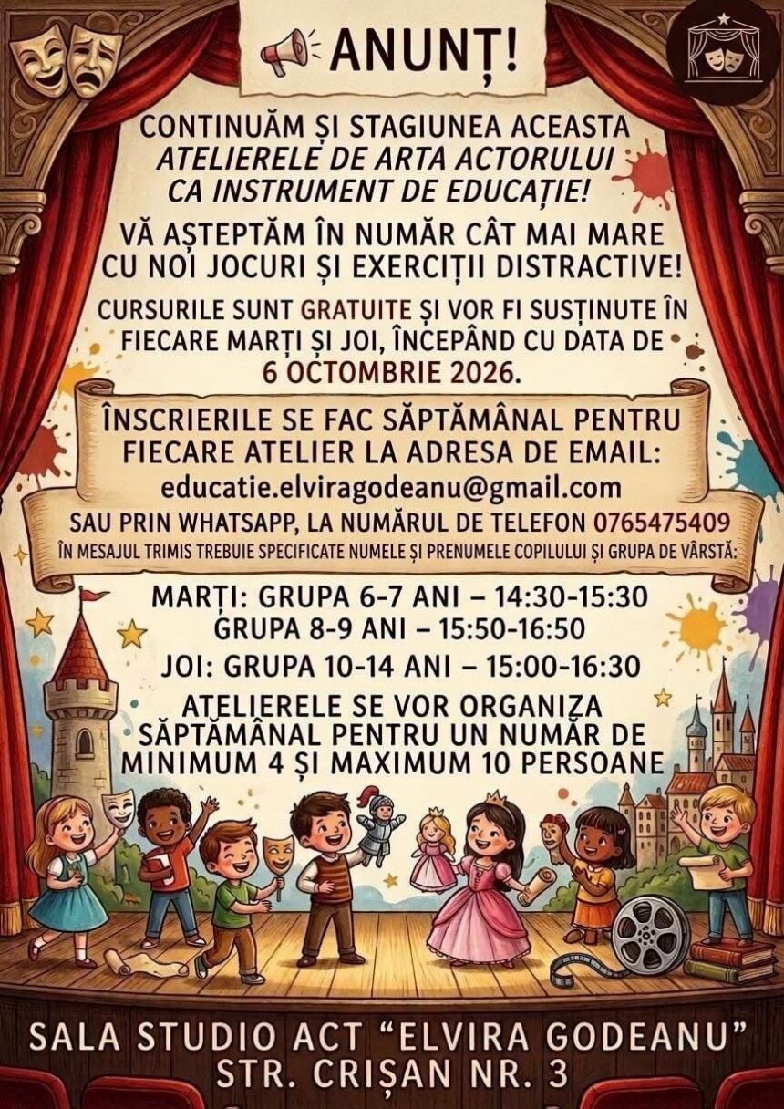 Colorful poster announcing free weekly children’s theater workshops at Sala Studio ‘Elvira Godeanu’, with contact email and phone details. The scene shows a stage with red curtains and kids dancing.