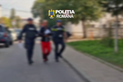 Two Romanian police officers escort a person down a sidewalk on a blurred street, with the 'Poliția Română' logo visible at the top.