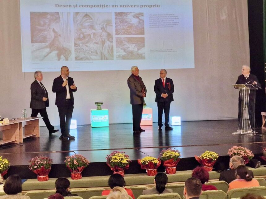 Five men in suits on a stage giving a presentation, with a projected slide behind them and flowers at the front edge of the stage.